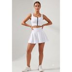 EMFURE Beyaz Yüksek Bel Çift Katmanlı Mini Etek Tenis Eteği ve Fermuarlı Büstiyer Crop Takım