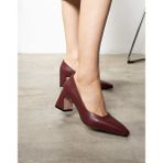 Emienza Rubı 1. Sınıf Vegan Deri Köşeli Kalıp Kalın Topuk Bayan Topuklu Ayakkabı - Bordo