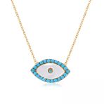 Emılıano Jewellery Turkuaz Taşlı Ortası Sedef Altın Kaplama Göz Desenli Gümüş Kolye