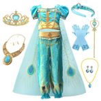 Emin Kız çocuk yasemin prenses kostümü Aladdin prenses kıyafeti aksesuarlarla birlikte prenses elbisesi doğum günü parti Noel cadılar bayramı karnaval kostümlü oyun kıyafeti