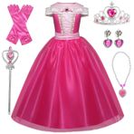 Emin Kız prenses Aurora elbise uyuyan güzel kıyafet çocuk prenses elbisesi aksesuarlarla abiye doğum günü partisi Noel cadılar bayramı karnaval oyun cosplay kostümü Pembe Beden, 100
