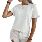 EMOTTOS Kadın Pileli Tops, Yazlık Bol Büzgülü Çizgili Crop Neck T-Shirt, Casual Faux Şifon Yuvarlak Yaka Tişört (Siyah/Beyaz, S-L), Beyaz, L