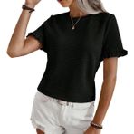 EMOTTOS Kadın Pileli Tops, Yazlık Bol Büzgülü Çizgili Crop Neck T-Shirt, Casual Faux Şifon Yuvarlak Yaka Tişört (Siyah/Beyaz, S-L), Siyah, L