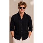 EMPEROR APPAREL Erkek Siyah Uzun Kollu Armürlü Keten Gömlek