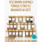 Empressco 12’li Bambu Kapaklı Kare Cam Baharatlık Seti, Etiket Hediyeli, Şık ve Pratik - Ahşap - 1 lt