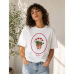 Enb1r Moda Vintage Saksıda Çiçek Detaylı Kadın Tişört - Beyaz - 2XL