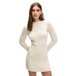 ENCANTO Kadın Yuvarlak Yaka Çizgi Desenli Parmak Geçme Detaylı Slim Fit Ekru Elbise