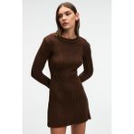 Encanto Kadın Yuvarlak Yaka Çizgi Desenli Parmak Geçme Detaylı Slim Fit Kahverengi Elbise