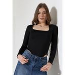 Endies Kare Yaka Uzun Kollu Altı Külotlu ve Çıt Çıtlı Kadın Atlet - T-Shirt 21940 Siyah - XL