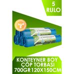 Endüstriyel Konteyner Boy Çöp Torbası (10 Adet 700gr 120 x 150cm 240lt MAVİ 5 Rulo)
