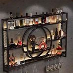 Endüstriyel Metal Şarap Rafı LED Işıklı Duvar Rafı Sağlam İçi Boş Izgara Likör Şişesi Teşhir Standı Demir Likör Depolama nizer (Siyah 120 x 15 x 80 cm)