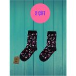 Enefendi Store NF ND ENEFENDİ 2 Çift Simli Pamuklu Dikişsiz Yılbaşı Çiçekli Soket Çorabı Yumuşak Siyah Kadın Çorap 36-40