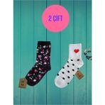 Enefendi Store NF ND ENEFENDİ 2 Çift Siyah(Dikişsiz) Beyaz(Dikişli) Kadın Çorabı Puantiyeli Kalpli Kolej Pamuklu Simli Çorap 36-40