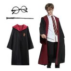 ENG Harry Potter Gryffindor Kapişonlu Çocuk Kostüm + Asa + Gözlük Seti 5-6 Yaş - Çok Renkli