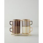 English Home Brownfall Cam Standlı ve 4’lü Kupa 180 ml Kahverengi-Gold