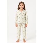 Enie Çiçek Desenli %100 Cotton Düğmeli Kız Çocuk Pijama Takımı - Beyaz - Sarı - 5 - 6 Yaş