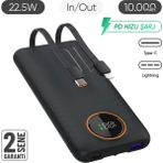 Enkado SNP-3012 10.000 Mah Hızlı Şarj LED Göstergeli Powerbank 2in1 Dahili Kablolu Taşınabilir Şarj Cihazı - Siyah
