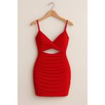 ENMADAM Kırmızı Askılı Büzgülü Mini Elbise Bodycon Kadın Gece & Parti Elbisesi