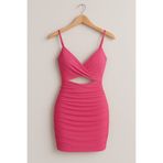 ENMADAM Pembe Askılı Büzgülü Mini Elbise Bodycon Kadın Gece & Parti Elbisesi