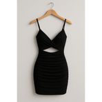 ENMADAM Siyah Askılı Büzgülü Mini Elbise Bodycon Kadın Gece & Parti Elbisesi