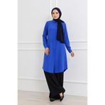 EnModa Kadın Saks Mavi Terrycotton Gizli Düğmeli Boyfriend Uzun Tunik Gömlek & Tesettür Gömlek
