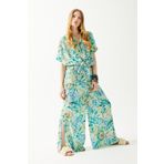 ENNA MODA Tropik Desen Yazlık Bluz Pantolon Takım, Yazlık Crop Ikili Takım, Plaj Seti Beachwear Resortwear