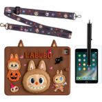 Ennar Apple iPad 7.nesil 10.2 Inç A2197 A2198 Askılı Labubu Standlı Kılıf Tablet Kalemi+Kirilmaz Cam - Kahverengi