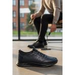 Enoch Hakiki Deri Lastikli Bilekli Erkek Sneaker Ayakkabı Ortopedik Taban - Lacivert
