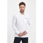ENQUE Erkek Uzun Basic Polo Yaka Cepli Düz Beyaz Sweatshirt