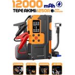 Enshall 4in1 Şarjlı 12000MAH Akü Takviye Cihazı Hava Kompresörü 150PSI Powerbank Destekli Lastik Şişirme Kompresörü - Turuncu