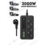 Enshall PRO P10 3X Priz 3000W Akım Korumalı 4X Usb 2X Type-c Girişli Çoklu Priz SİYAH