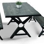 Entema Doğal Ağaç Masif Kütük Masa Metal Ayak 90 x 200 cm + 2 Bank Bench - Siyah