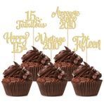 Ephlyn 30 Adet Vintage 2008 Cupcake Süsleri Parıltılı On Beş Mutlu 15. Doğum Günü 15 Muhteşem Cupcake Seçimleri 15. Doğum Günü Düğün Yıl Dönümü Parti Pasta Süslemeleri Malzemeleri Altın