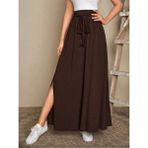 Equri Kadın Yüksek Bel Bei Kuşaklı Yandan Yırtmaçlı Uzun Sandy Etek - Kahve - 2XL - 3XL