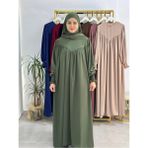 Erasra Class Tesettür Elbise,önü V Model Büzgülü,sufle Esarpla Takım.hijap ,khimar.hac Umre Için Uygundur Yeşil - Haki - Standart