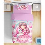 Erays Home Prenses ve Unicorn 3D Dijital Baskılı Tek Kişilik Nevresim Takımı Kız Çocuk Nevresim Takımı - 160 x 220 cm - Pembe