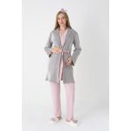 Erdeniz Tekstil Lohusa ve Hamilelere Özel Jakarlı Çizgili Sabahlık/düğmeli(Emzirmeli)Uzun Kollu Pijama Takımı-(3'lü) - Pudra - 2XL
