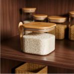 Erdo Ticaret 600 ml Bambu Kapaklı Cam Kavanoz - Kaşıklı Tasarım, Vakumlu Kapak