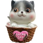 Eren Pastoral Tarz Polyester Sepet Içinde Sevimli Gri Kedi Kumbara – Dekoratif & Fonksiyonel (En:12cm Boy:18 cm Der: 9,5 cm) - Renkli