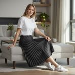 Eren Style Deri Görünümlü Pileli Pamuklu Dokuma Viskon 4 Mevsim Etek(95 Cm)-(38-48) - Antrasit - Standart