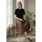 Eren Style Deri Görünümlü Pileli Pamuklu Dokuma Viskon 4 Mevsim Etek(95 Cm)-(38-48) - Cappuccino - Standart