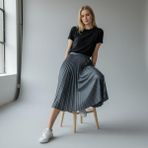 Eren Style Deri Görünümlü Pileli Pamuklu Dokuma Viskon 4 Mevsim Etek(95 Cm)-(38-48) - Gri - Standart