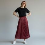 Eren Style Deri Görünümlü Taş Detaylı Pileli Pamuklu Dokuma Viskon 4 Mevsim Etek(95 Cm)-(38-50) - Bordo - Standart