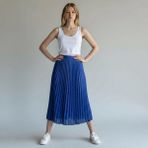 Eren Style Deri Görünümlü Taş Detaylı Pileli Pamuklu Dokuma Viskon 4 Mevsim Etek(95 Cm)-(38-50) - Mavi - Standart