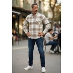 Eren Style Kışlık Pamuklu Bej Uzun Kollu Cepli Erkek Oduncu Gömlek (Slim Fit) - 3XL