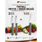 ERHCE 3'lü Solingen Bıçak Seti 2 Meyve Bıçağı + 1 Sebze Bıçağı Tırtıklı Bıçak - Gri