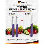 ERHCE 3'lü Solingen Bıçak Seti 2 Meyve Bıçağı + 1 Sebze Bıçağı Tırtıklı Bıçak - Mor