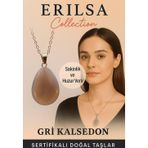 Erilsa Sertifikalı Damla Model Gri Kalsedon Taşı Kolye - Sakinlik ve Huzur Veren Doğal Taş
