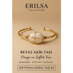 Erilsa Sertifikalı Doğal Beyaz Akik Taşı Ayarlanabilir 24K Altın Kaplama Bileklik 20-25 mm