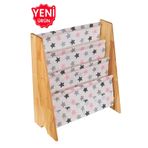 ERKAWOOD Montessori Doğal Ahşap Kitaplık Demonte Çocuk Odası Kreş Anaokulu Eğitici Kitaplık Raf Pembe Kumaşlı